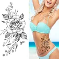 Black and white sketch rose flower temporary tattoo sticker shown on a female torso - Bk-066 / 96*190mm