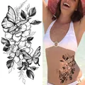 Black and white sketch floral and butterfly temporary tattoo sticker for body art - Bk-051 / 96*190mm