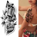 Sketch style temporary tattoo sticker with rose and microphone design - Bk-065 / 96*190mm