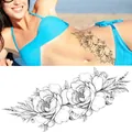 Large black and white sketch floral temporary tattoo sticker with rose peony design - Bk-041 / 96*190mm