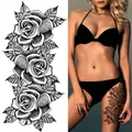 Elegant black and white sketch rose temporary tattoo sticker shown on female thigh - Bk-043 / 96*190mm