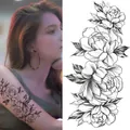 Detailed black and white sketch floral temporary tattoo sticker with realistic rose design - Bk-044 / 96*190mm