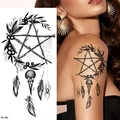 Gothic black and white pentagram tattoo sticker with skull and bird feathers design - Bk-080 / 96*190mm