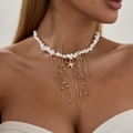 Bohemian style starfish choker featuring white crushed stones and golden tassel chains - Bohemian Gold Sea Star Tassel Necklace / Gold Sea Star Stone Style (07683)