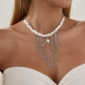 Bohemian choker with white stone beads, silver fringe tassels, and starfish pendant - Silver Sea Star Stone Style (07683)