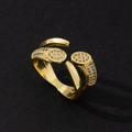 Detail view of a gold minimalist open ring featuring sparkling crystal pavé settings - Minimalist Fashion Ring (I)