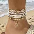 Bohemian multilayered shell and bead anklet set with golden starfish on a beach - White Beach Set (31088-ank-white-EP)