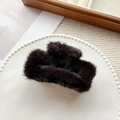 Square plush hair claw clip in black faux fur for winter hairstyles and bun styling - Black