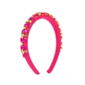 Detail of rose pink padded headband with intricate pink crystal floral embellishments - Rose Red