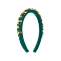 Deep green fabric headband featuring vintage rhinestones and gold metal settings - Green