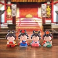 Set of four colorful Tang Dynasty style girl figurines in elegant poses on a wooden base - Fridge Magnet 4pcs Set / Ancient Style Ornament Series