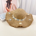 Beige straw sun hat with blue daisy accents and fringe brim for summer beach holiday - Khaki Little Daisy Straw Hat (D-608)