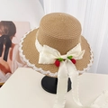 Natural straw sun hat with white lace trim, large cream bow and red strawberry charms - Khaki Raspberry Flat Top