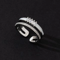 Detailed close-up of double-layer silver-tone ring with zircon stones and enamel inlay - Fashion Style (Style 23)