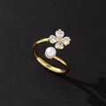 Elegant gold plated open ring with cubic zirconia clover and white pearl detail - All-match Style (Style 28)