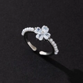 Elegant silver-toned clover open ring with heart-shaped zircons and delicate pearl accents - Leaf Shape (Style 33)
