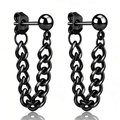 Sleek black titanium steel ball stud earrings with dangling curb chain loop design - One Pair / Black