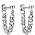 Silver stainless steel ball stud earrings featuring a dangling curb chain loop design - One Pair / Steel