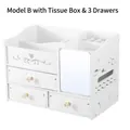 White wooden cosmetic organizer box with three drawers and hidden makeup mirror - 3 Drawers Type B Organizer