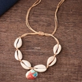 Bohemian seashell anklet with hand-painted scallop charm and brown woven cord - Sx343 Shell Bracelet