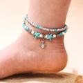 Bohemian double-layer beach anklet with turquoise beads, sea star and turtle pendant - Sx555 Double-loop Anklet