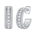 Elegant 925 silver C-shaped hoop earrings with three rows of sparkling moissanite stones - Style E13705 180 Moissanite Stones
