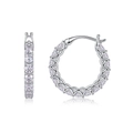 Elegant S925 sterling silver hoop earrings with round cut moissanite in a front and side view - Style E13995 Ten Points 30 Moissanite Stones