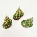 Detailed view of three natural conch shell pendants with gold plated caps and loops - Green Shell Conch
