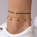 Bohemian double-layer anklet set with gold heart charm and black gemstone accents - 2-Piece Anklet (22767-ank-G-EP)