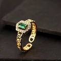 Adjustable gold chain ring featuring a rectangular green gem and white zirconia - Adjustable Open / Heart Style (E)