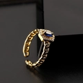 Adjustable gold ring with a rectangular blue gemstone and hollow chain texture - Adjustable Open / Leaf Style (G)