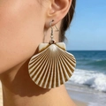 Bohemian style large shell earrings with brown stripes and silver hooks for beach vacations - Coffee Color Ocean Style (32482-ear-ccoffee-EP)