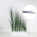 Artificial onion grass in white fence planter with green and purple decorative leaves - Lavender