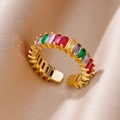 Close-up of gold open ring with multi-color rectangular zircon stones on satin - Colorful Rectangular Zirconia Style (G5254470G-10)