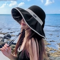 Black wide-brim sun hat with cream ribbon and windproof cord for beach outdoor use - Two-Tone Bowknot Black
