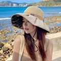 Beige wide brim outdoor sun hat with mesh top and black sun protection lining - Two-Tone Bowknot Beige