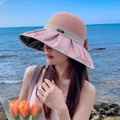 Women's pink wide brim sun hat with bow detail and black sunshade coating - Two-Tone Bowknot Pink