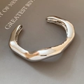 Minimalist silver asymmetric wide open cuff bracelet with a polished wavy liquid finish - Wavy Polished (24# Silver)