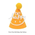 Yellow pom-pom birthday hat featuring a smiling face and 'be happy' 3D text design - Pom-pom Birthday Hat - Yellow