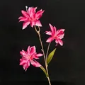 Three-headed magenta silk lily flower with realistic green leaves and brown stem - Magenta 3-Head Small Lily