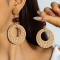 Handmade raffia hoop earring in beige with a deep red bead in bohemian style - Beige Light Brown
