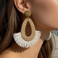 Handmade raffia teardrop earrings with brown woven studs and white fringe tassels - Beige Brown Block