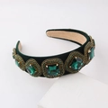 Baroque green velvet headband with emerald gemstones and sparkling gold rhinestones - Green