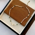 Handmade beaded necklace with white stones, green agate beads and gold clasp closure - White Crushed Stone and Green Beaded Style (05-I11)