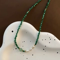 Beaded necklace with dark green oval beads, white baroque pearls and golden metal accents - Dark Green Retro Oval and Three Pearls Necklace (04-F24)