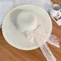 Elegant cream straw sun hat featuring pearl trim and a large lace bow decoration - Off White Lace Artificial Pearl Raw Edge Straw Hat (D-425)