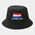 Washed black bucket hat featuring a Dutch flag embroidery and Netherlands text - One Size / Netherlands Flag Black