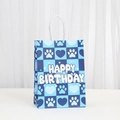 Blue checkerboard gift bag with puppy paw prints and white Happy Birthday lettering - Blue Checkerboard Style (545-1)