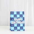 Blue checkerboard kraft paper gift bag with puppy paw prints and Happy Birthday text - Dark Blue Checkerboard Style (545-3)