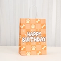 Orange checkered Happy Birthday gift bag with cute dog paw prints and bone patterns - Orange Checkered Bone Style (545-4)
